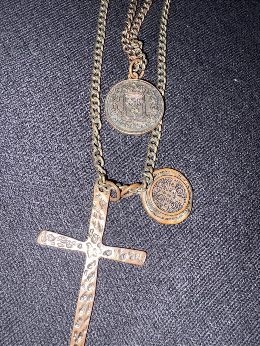 Layered Cross and Coin Pendant Necklace